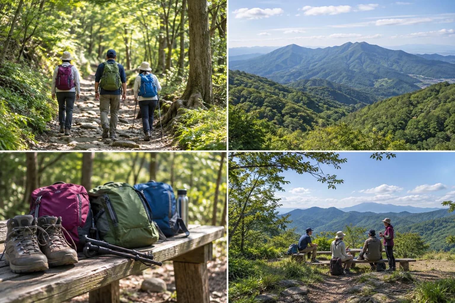 森を歩く仲間、山の景色、登山道具、休憩のひとこまを集めたサンプル写真